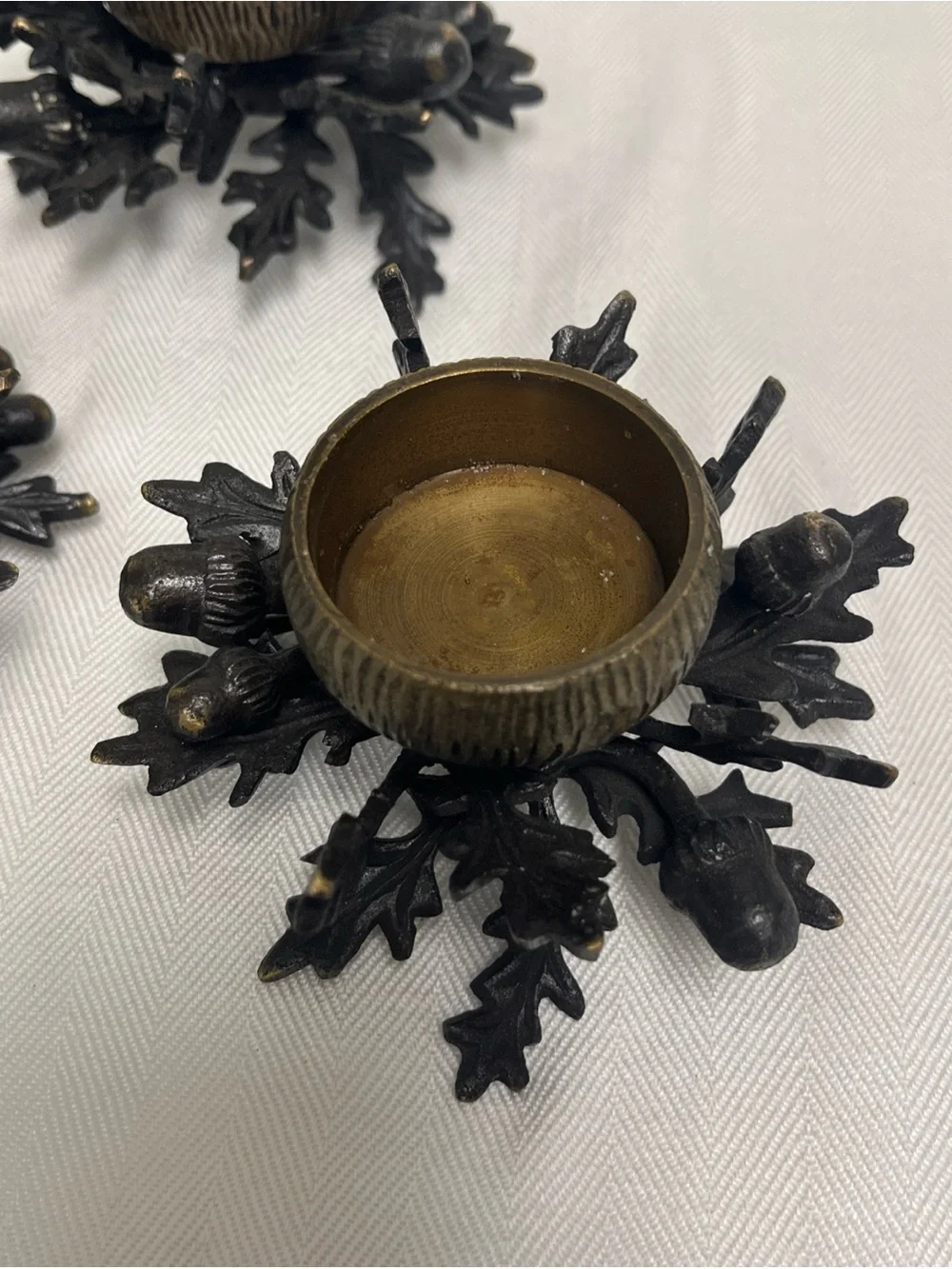4 Vtg Metal Acorn Oak Leaf Votive Candle Holder Lot Heavy Cast Iron Set